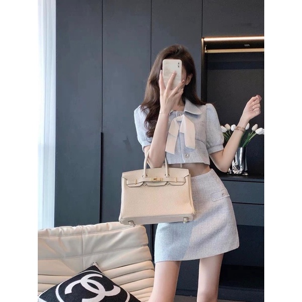 Set áo nơ kèm chân váy dạ xinh xắn