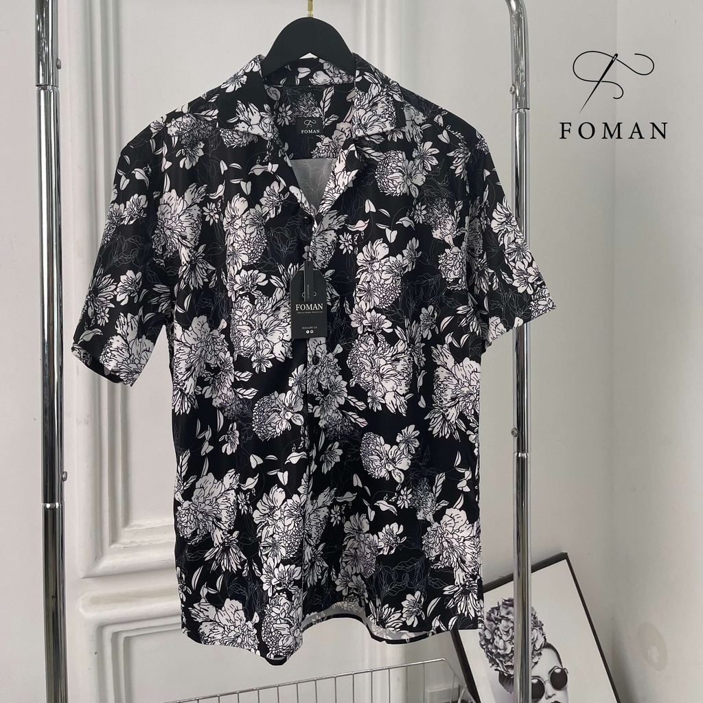 Áo sơ mi nam hoạ tiết Hoa Mẫu Đơn Peony FOMAN tay ngắn vải lụa, thoáng khí, không nhăn, thấm hút