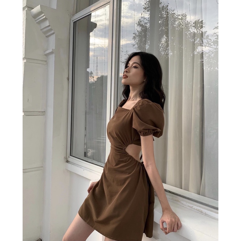 ĐẦM CỔ VUÔNG CUT OUT LƯNG 2 MÀU NÂU TRẮNG SIÊU XINH - ELLA DRESS