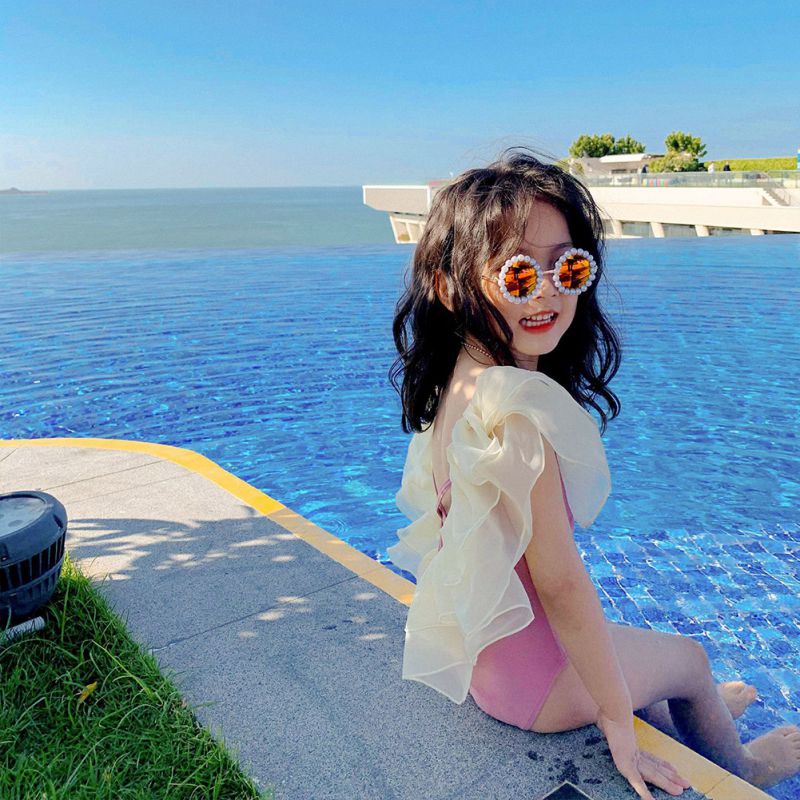 Bộ Đồ Bơi Một Mảnh Hai Dây Viền Lưới Phong Cách Phương Tây Kèm Nón Cho Bé Gái
