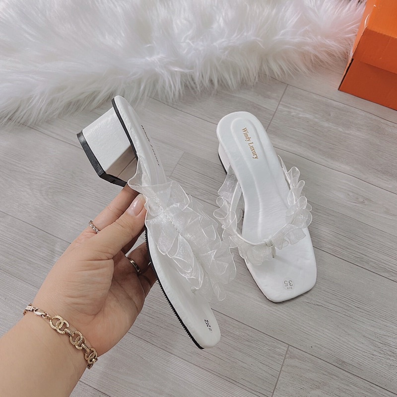 Dép nữ cao gót tông ren gót vuông 4cm kiểu mới siêu đẹp