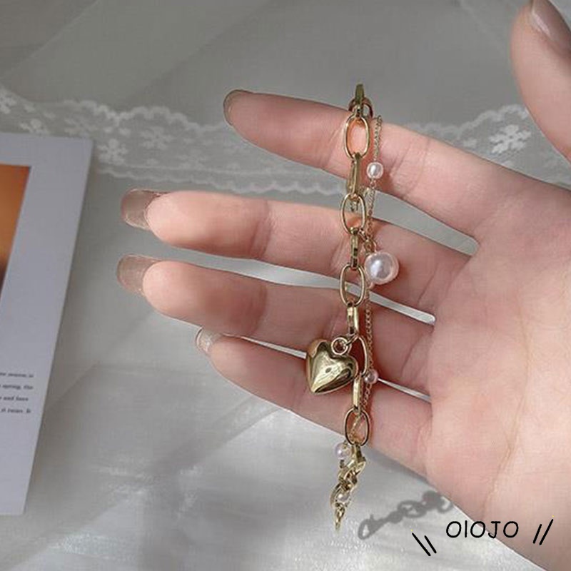 Vòng tay dây xích gắn hình trái tim và quả đào đính ngọc trai kiểu Hàn Quốc nữ tính ngọt ngào cho nữ