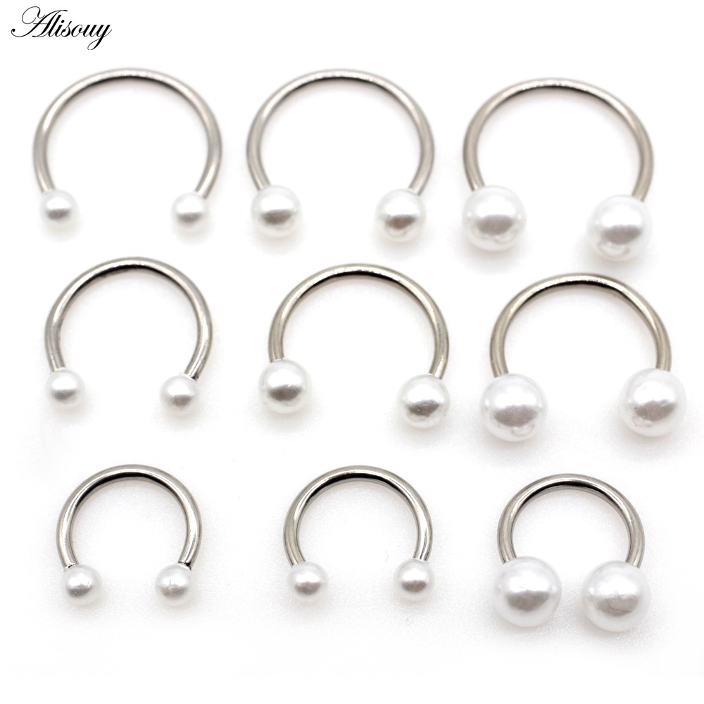 1 Bông kẹp tai sụn Tragus Septum mũi hình chữ C móng ngựa ngọc trai inox 16G