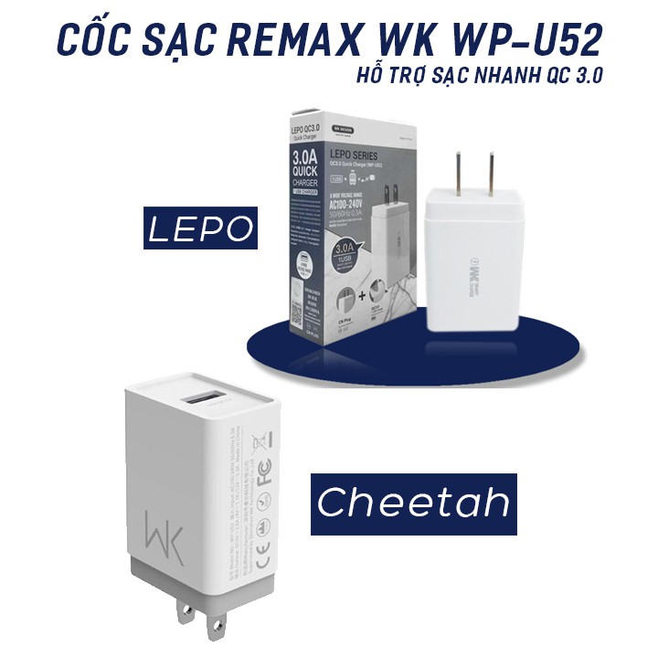 Cóc sạc Remax WP-U52 Cheetah/Lepo hỗ trợ sạc nhanh QC 3.0