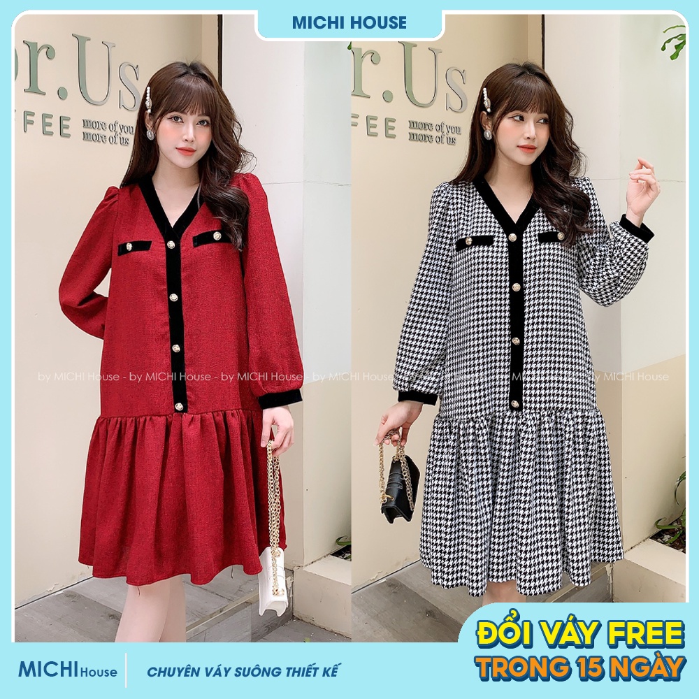 Váy Suông Dáng Xuông Rộng Dạ Đỏ MICHI House Đầm Xuông Dự Tiệc Thiết Kế Dài Tay Cổ V Thu Đông Freesize Mặc Bầu Xinh V327