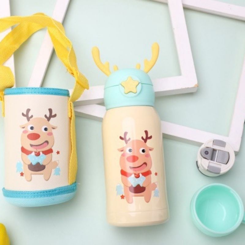 Bình Nước Giữ Nhiệt Inox Cao Cấp 500ml Hình Hươu Cute Cho Bé Có Ống Hút