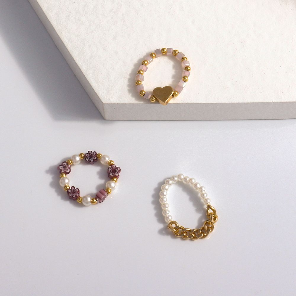Nhẫn đeo ngón tay co giãn đính hạt hình hoa/trái tim nhiều màu dễ thương phong cách Bohemian Hàn Quốc cho nữ