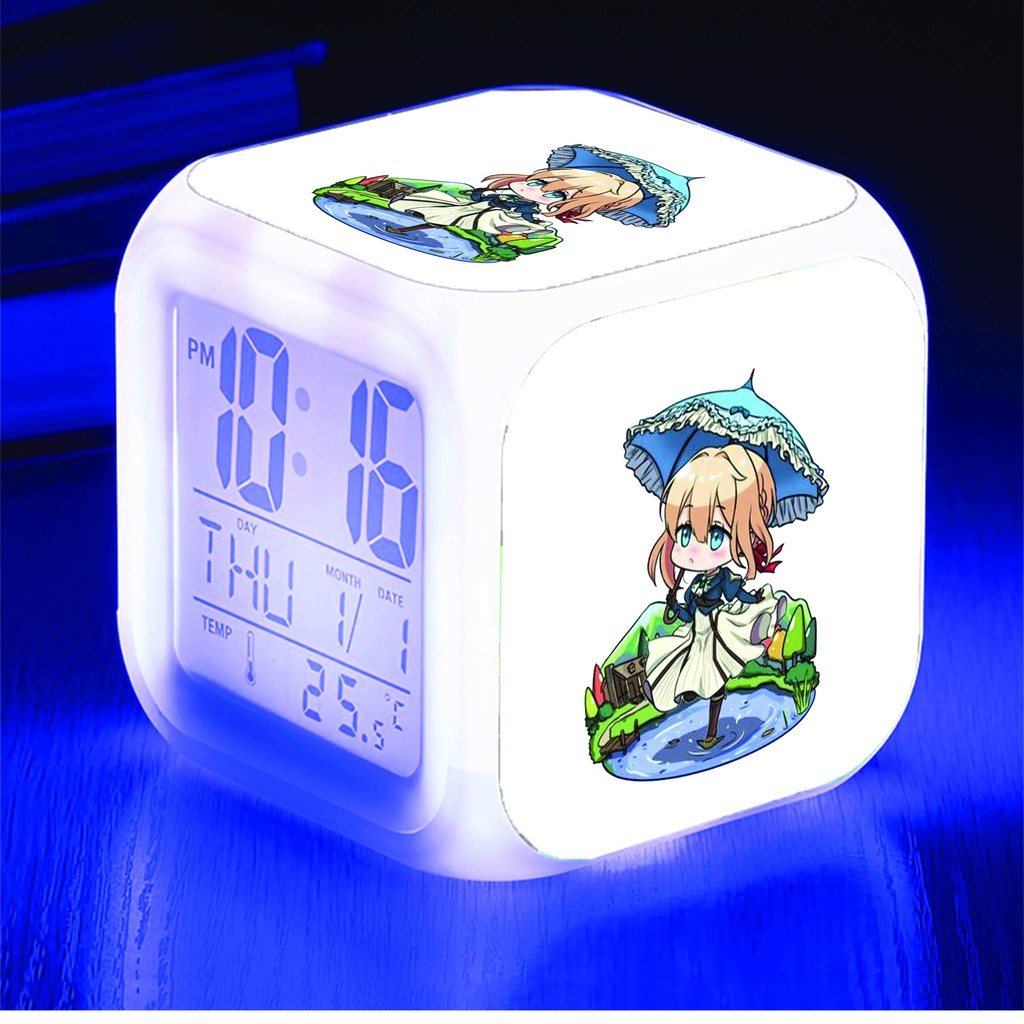 Đồng hồ báo thức để bàn in hình VIOLET EVERGARDEN chibi anime đèn LED đổi màu