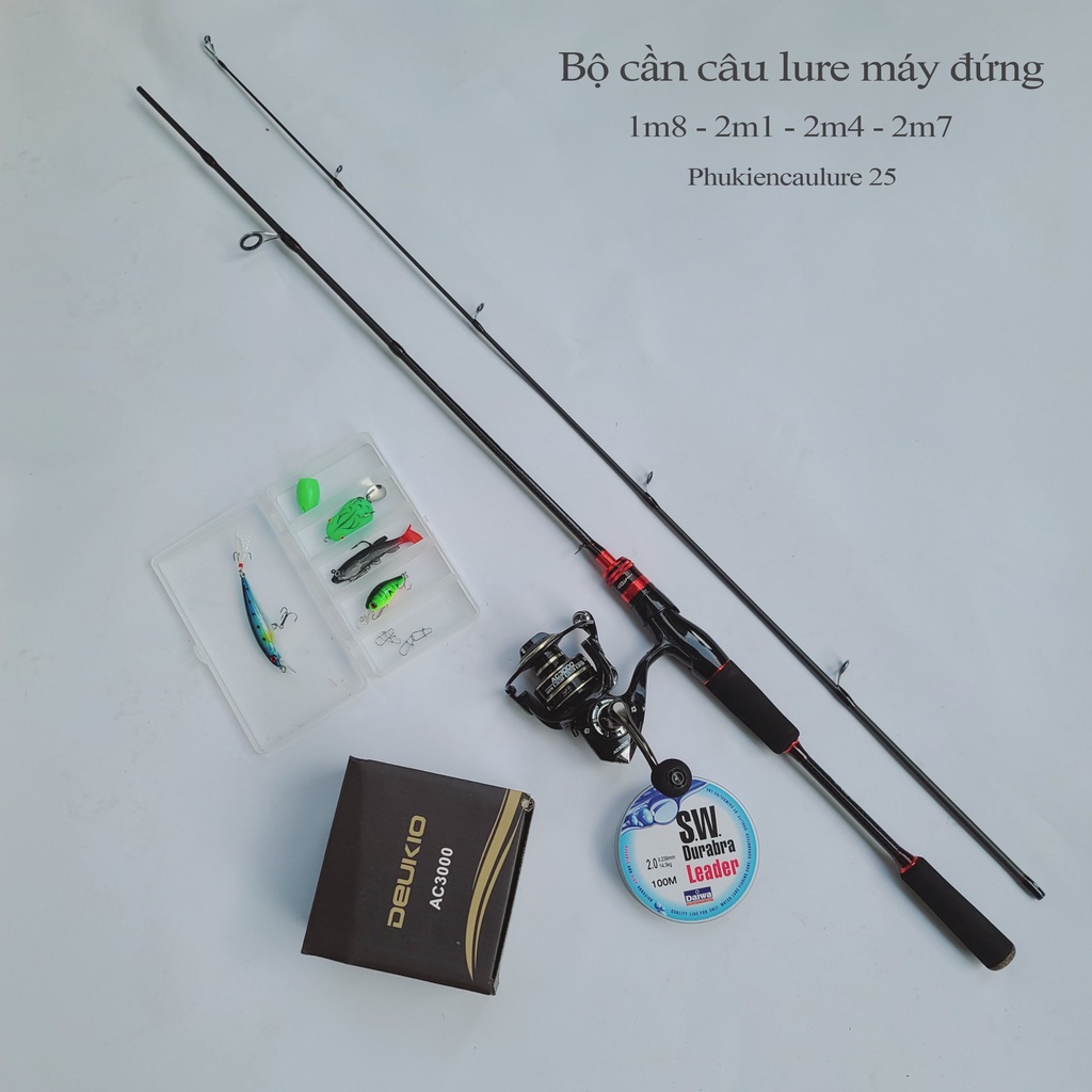 Bộ cần câu cá lure máy đứng độ dài từ 1m8 - 2m7 + máy kim loại + dây dù câu lure + hộp mồi lure phukiencaulure25