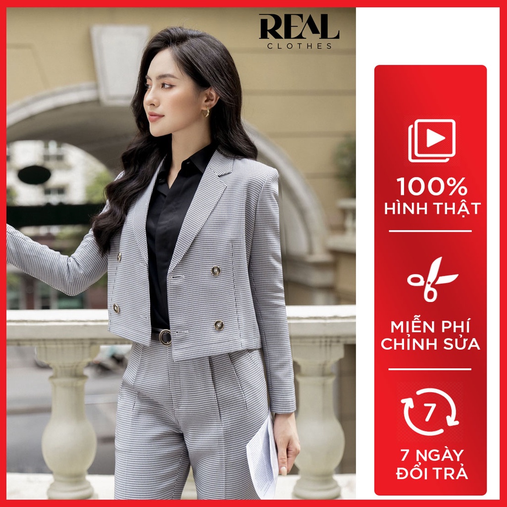 Blazer công sở dáng suông form lửng lisa zigzag đen_REAL