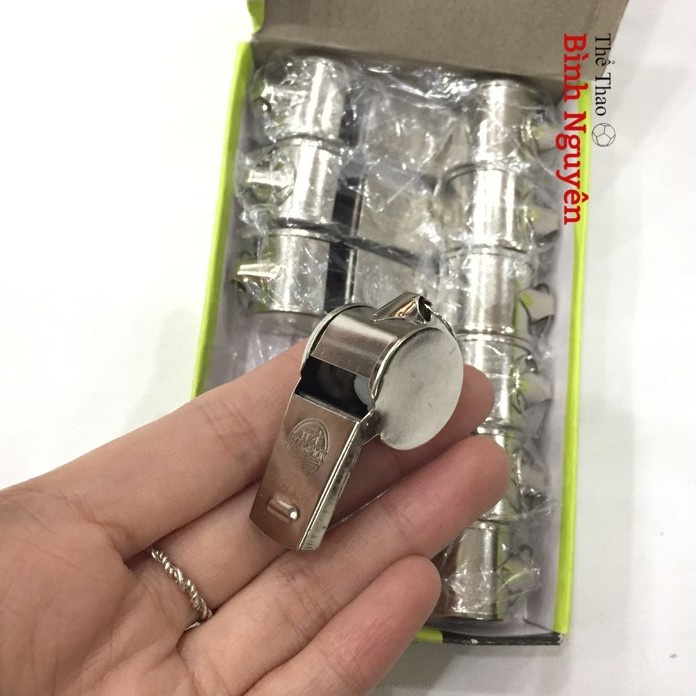 Còi thổi inox thể thao hộp 12 cái, còi thể thao, còi trọng tài, còi báo động