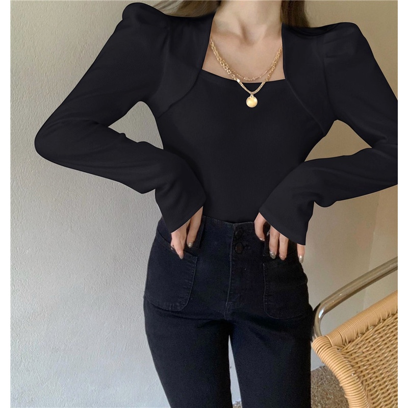 Áo kiểu tay phồng cổ vuông phối dây xích thời trang mùa thu dễ phối đồ