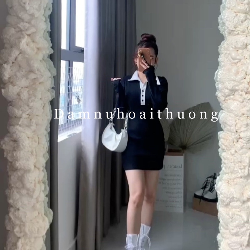 Váy body phối nút / đầm ôm tôn dáng cổ sơ mi màu hồng ruốc và đen - Đầm Nữ Hoài Thương