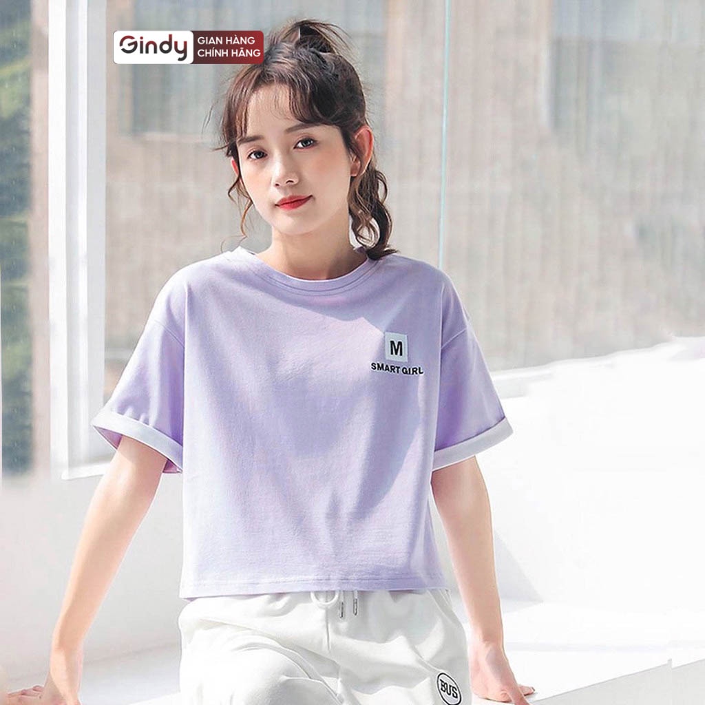 Áo phông cotton thun nữ cổ tròn tay lỡ kiểu cao cấp GINDY SMART GIRL dáng basic unisex thoáng mát thời trang nữ A6175