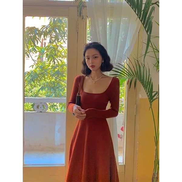 Váy Maxi Cotton Len Zip Cổ U 3 Màu Tay Dài Dáng Xoè, Váy Cổ U Trơn Dáng Dài