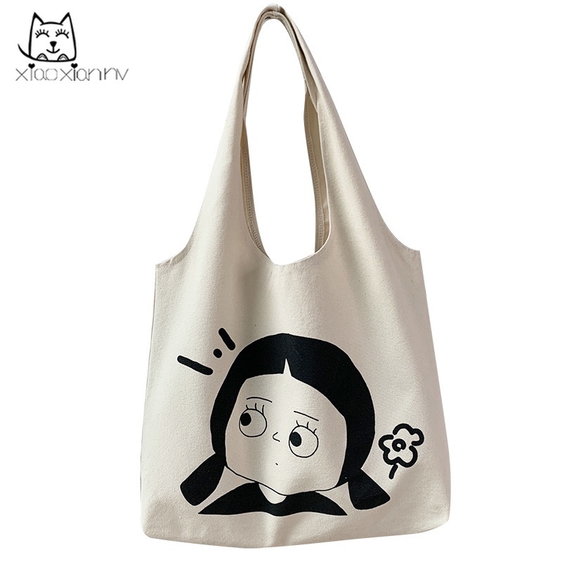 Túi xách nữ cỡ lớn bằng vải canvas in hình hoạt hình dễ thương phong cách Hàn Quốc