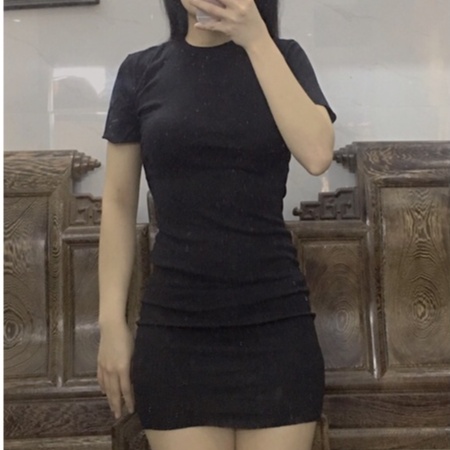 Đầm body váy body nữ thun co giãn, cổ tròn bazic trơn ngắn tay cổ tròn 2 màu