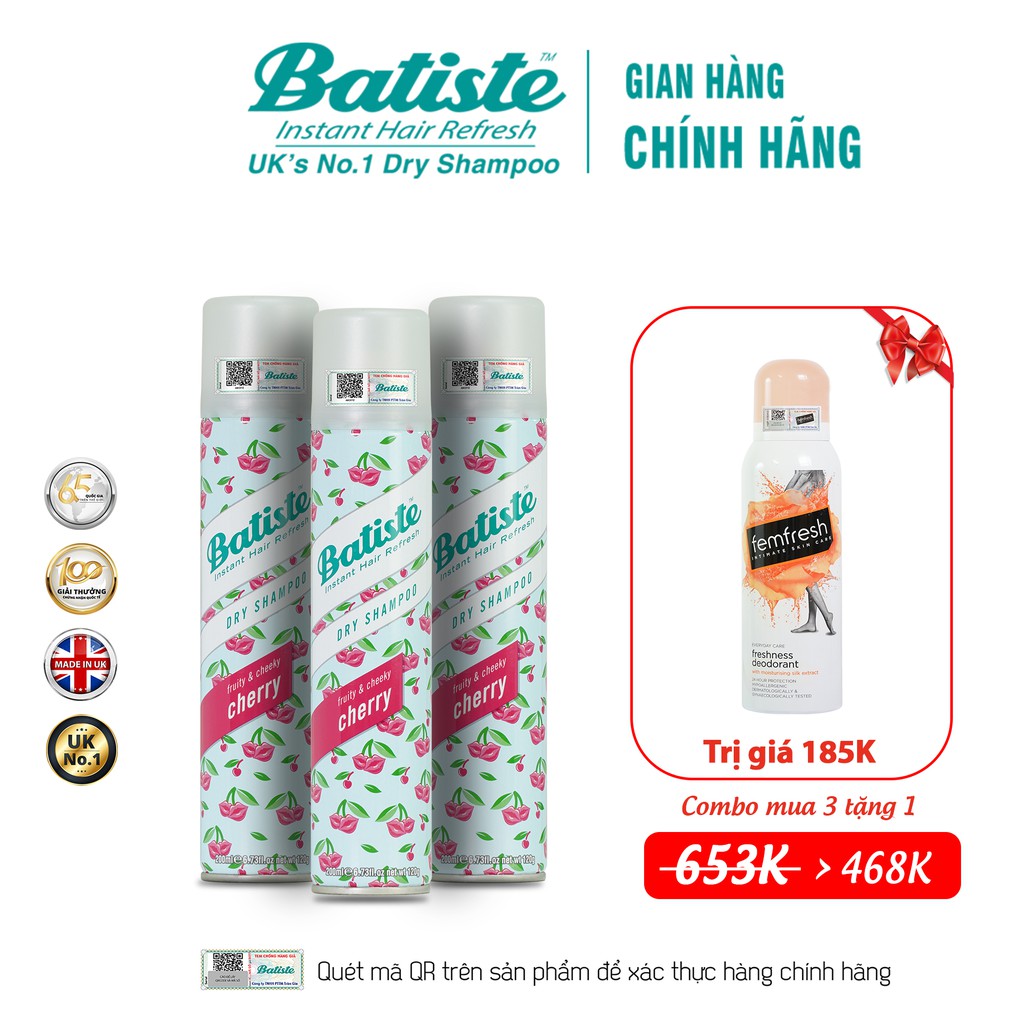 [ COMBO TỰ TIN RẠNG NGỜI] Mua 03 Dầu Gội Khô Batiste 200ml Tặng Ngay 01 Sản Phẩm FemFresh Anh Quốc 198K