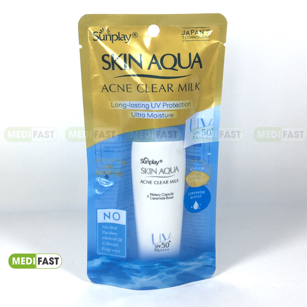 Sữa chống nắng dưỡng da ngừa mụn Sunplay Skin Aqua Acne Clear Milk cho da mụn dầu tuýp 25g