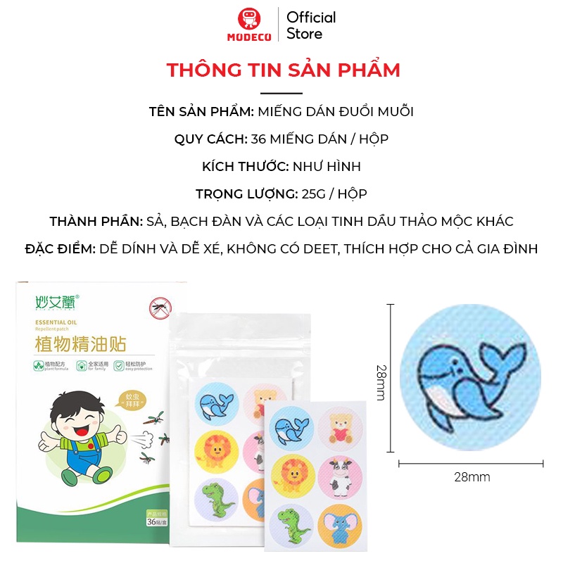 Miếng Dán Chống Muỗi - Set 36 Miếng Đuổi Muỗi, Chống Côn Trùng, Họa Tiết Hình Thú Đáng Yêu Và An Toàn Cho Bé - Modeco