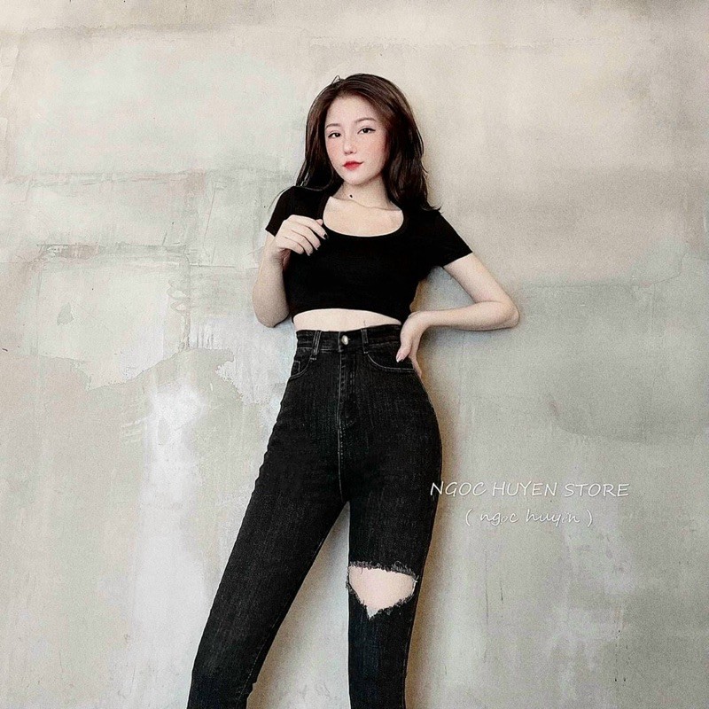 Quần jeans RÁCH 005 ôm body lưng siêu cao rách gối JZ0T