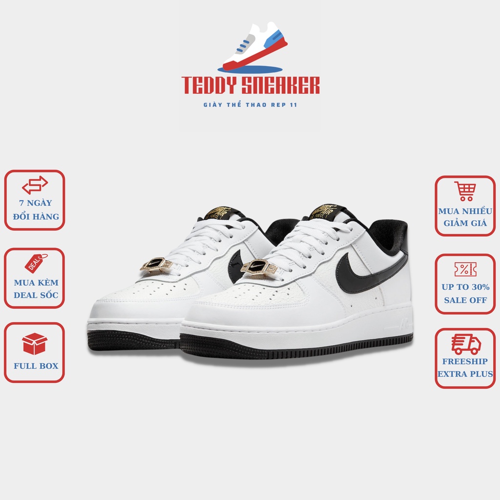 Giày Thể Thao Nam Nữ 𝗡𝗶𝗸𝗲 𝗔𝗙𝟭 Trắng Vệt Đen Logo Vàng, Giày Sneaker Nike AF1 Air Force 1 Vệt Đen Nam Nữ Full Box