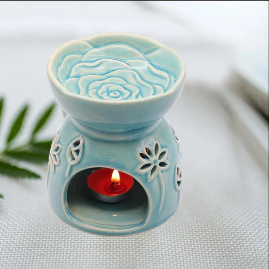 Đèn xông tinh dầu gốm sứ đốt nến Tealight mẫu hoa hồng tráng men rạn cao cấp đẹp và sang trọng