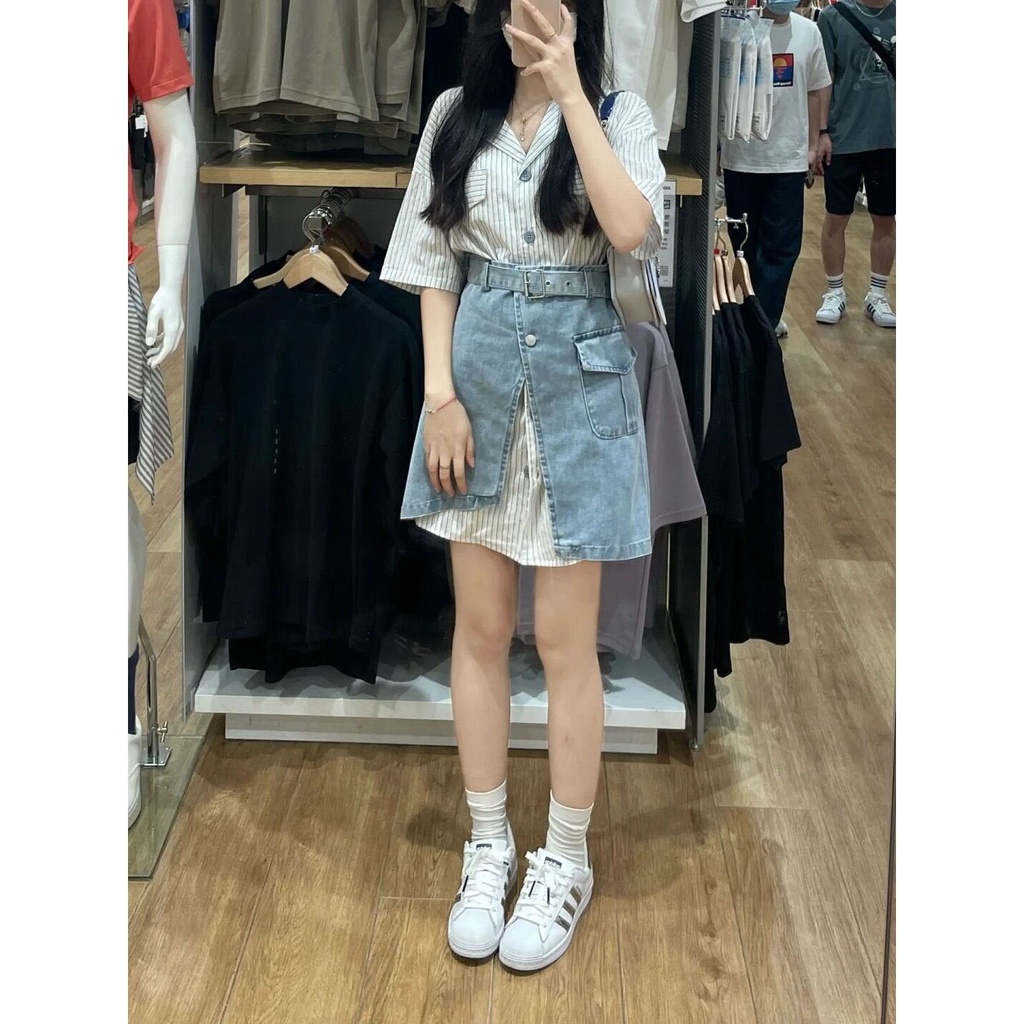 Set áo sơ mi dáng rộng kẻ sọc + chân váy denim phong cách Hàn Quốc thời trang mùa hè cho nữ có bán lẻ