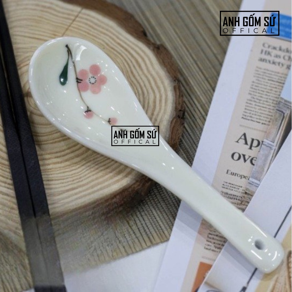 Thìa sứ ăn cơm men kem Bát Tràng chính hãng - họa tiết vẽ tay cao cấp