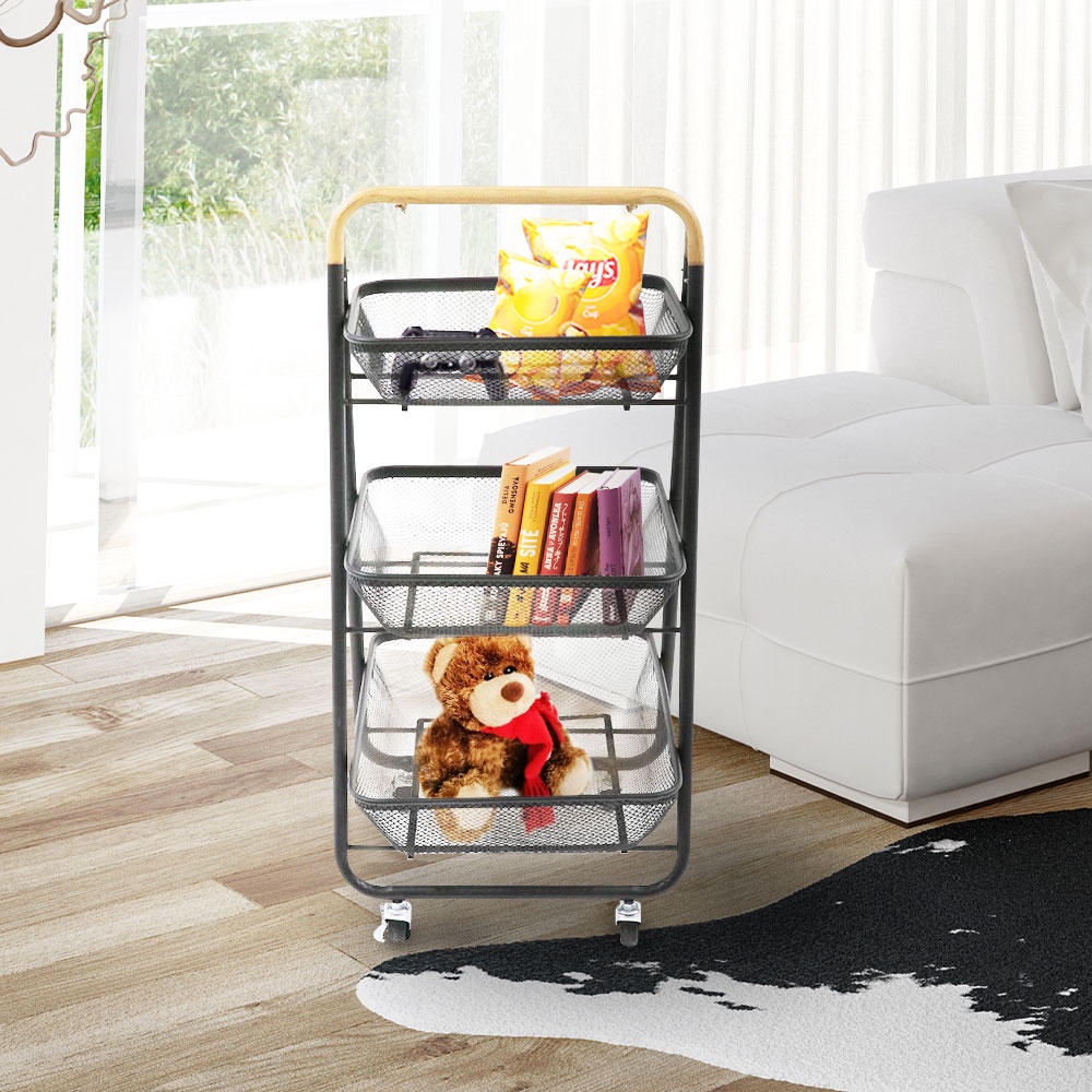HomeBase STACKO Kệ 3 tầng bằng lưới thép có bánh xe MOKU W42xH88xD48cm màu đen