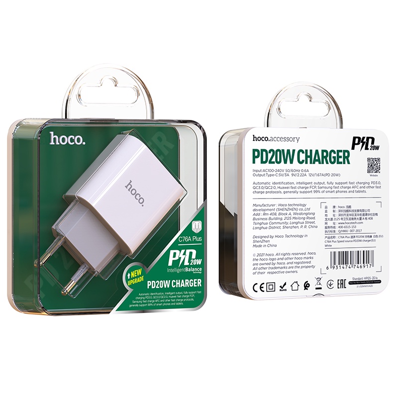 Bộ Sạc nhanh Hoco C76A Plus 1 cổng Type-C hỗ trợ sạc nhanh 3A, PD 20W, tương thích với nhiều thiết bị điện tử