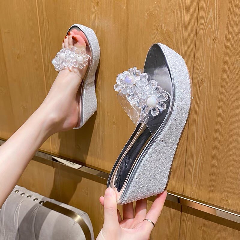 Dép đế xuồng nhũ kim sa quai trong suốt gắn nơ đá sang chảnh 8-12 cm, hàng cao cấp