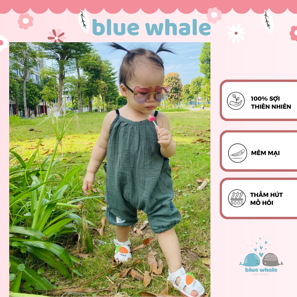 Váy yếm bé gái mùa hè thoáng mát set vải xô muslin đan dây chéo lưng thời trang Blue Whale Y002