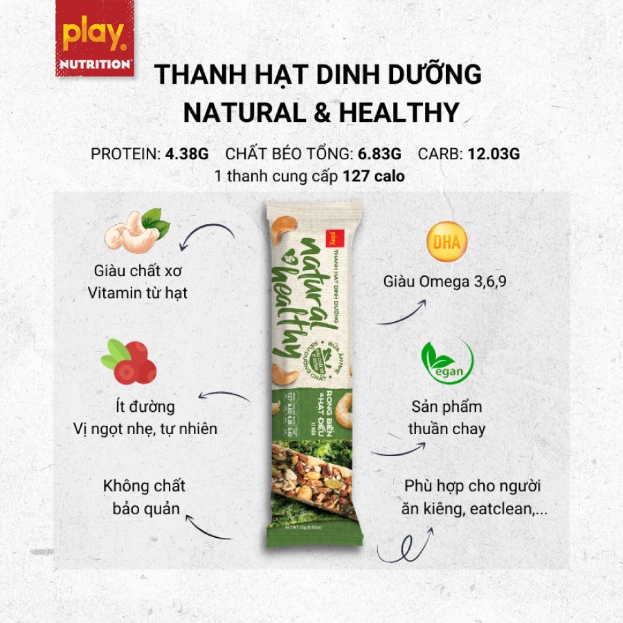 Thanh hạt thuần chay Natural &amp; Healthy - Bánh hạt dinh dưỡng phù hợp cho người ăn chay, ăn kiêng - Play Nutrition