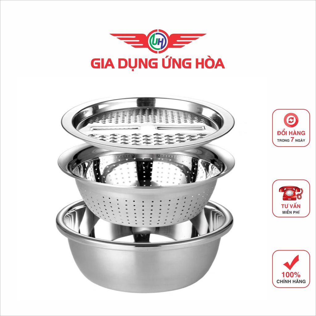 Bộ Nạo Rau Củ Quả Đa Năng Inox 3 in 1 - Bộ Rổ Nạo Củ Quả Kèm Chậu- gia dụng