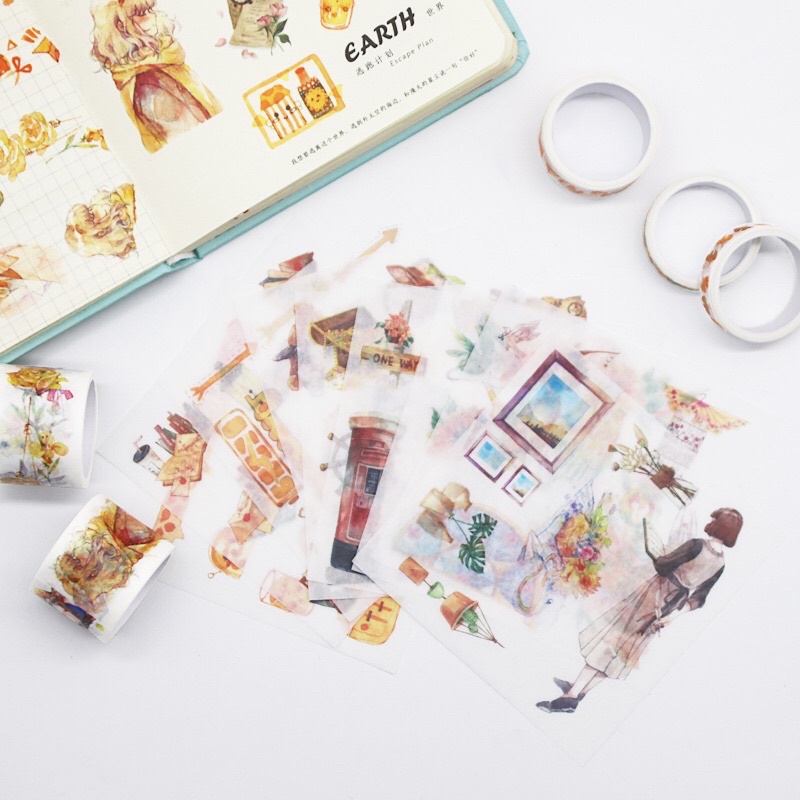 Set washi tape kèm Sticker,set 9 tấm Sticker và 5 washi tape xinh