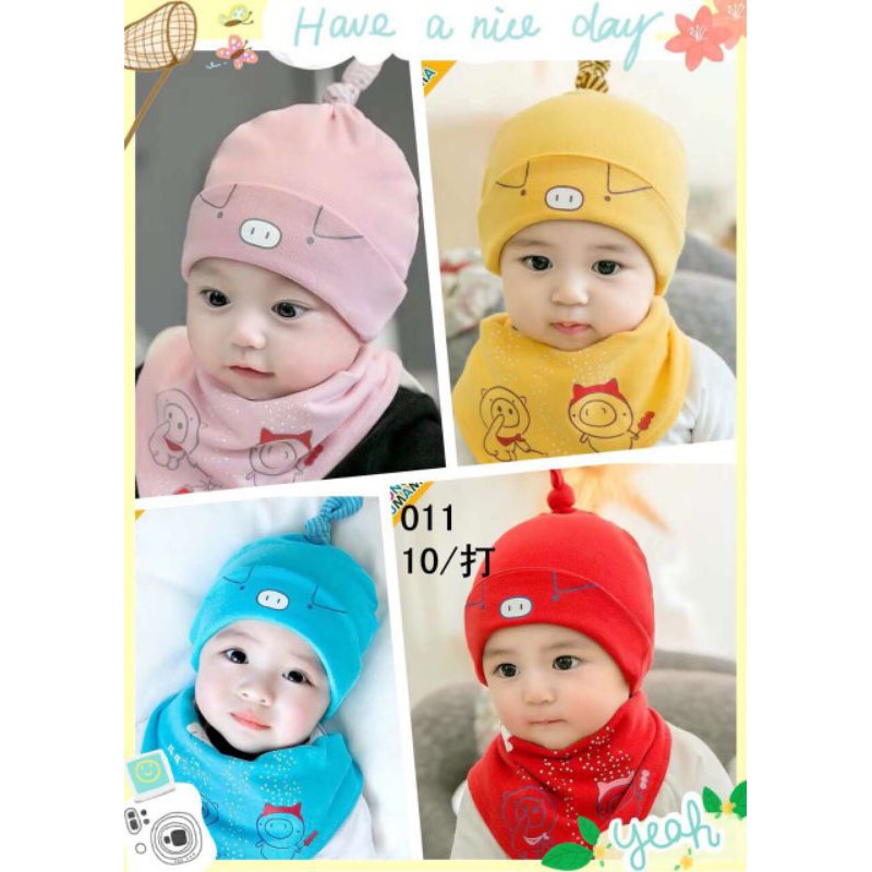 Mũ Kèm Khăn Yếm Cotton 2 Lớp Mềm Mại Cho Bé