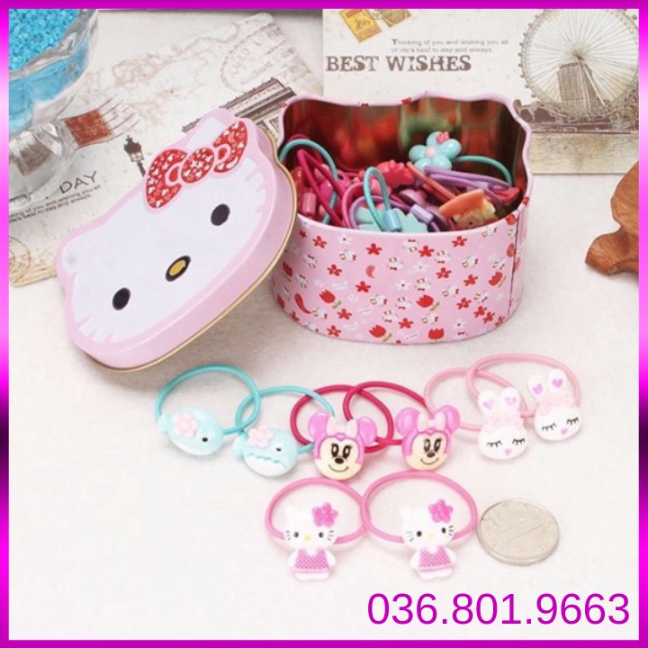 Dây cột tóc hộp Hello Kitty cho bé gái gồm 40 dây thun cột tóc