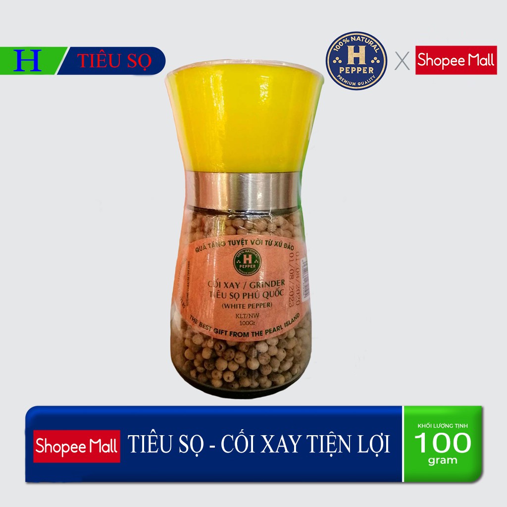 Hạt tiêu sọ Phú Quốc H PEPPER 100g + Cối xay tiêu cầm tay thủy tinh