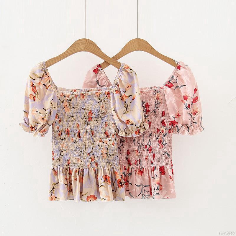 Áo Crop top Vải Voan Tay Ngắn Phồng In Họa Tiết Hoa Phong Cách Hàn Quốc Quyến Rũ Dành Cho Nữ