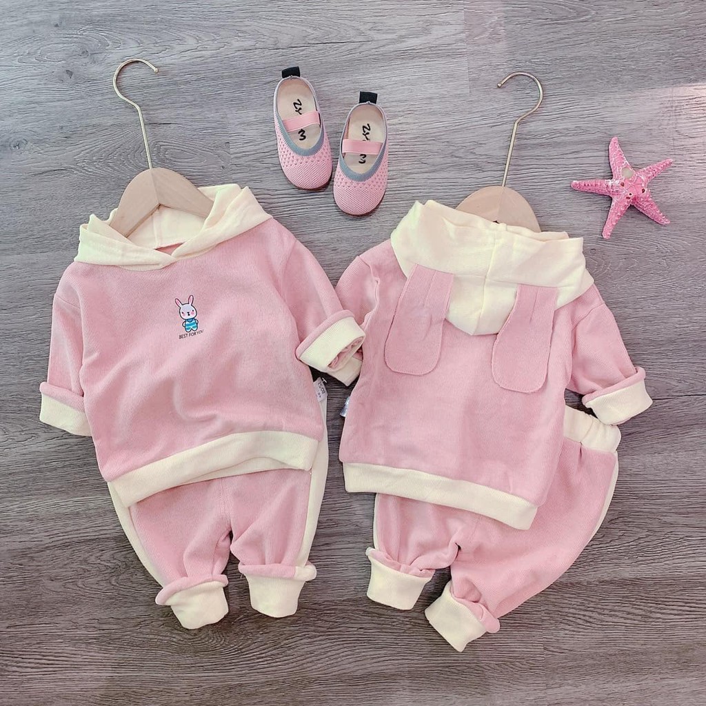 Bộ bé trai ❤️FREESHIP❤️ Sét Nhung Tăm Màu Hồng Mũ Tai Thỏ Cho Bé Trai , Bé Gái từ 1-5 Tuổi