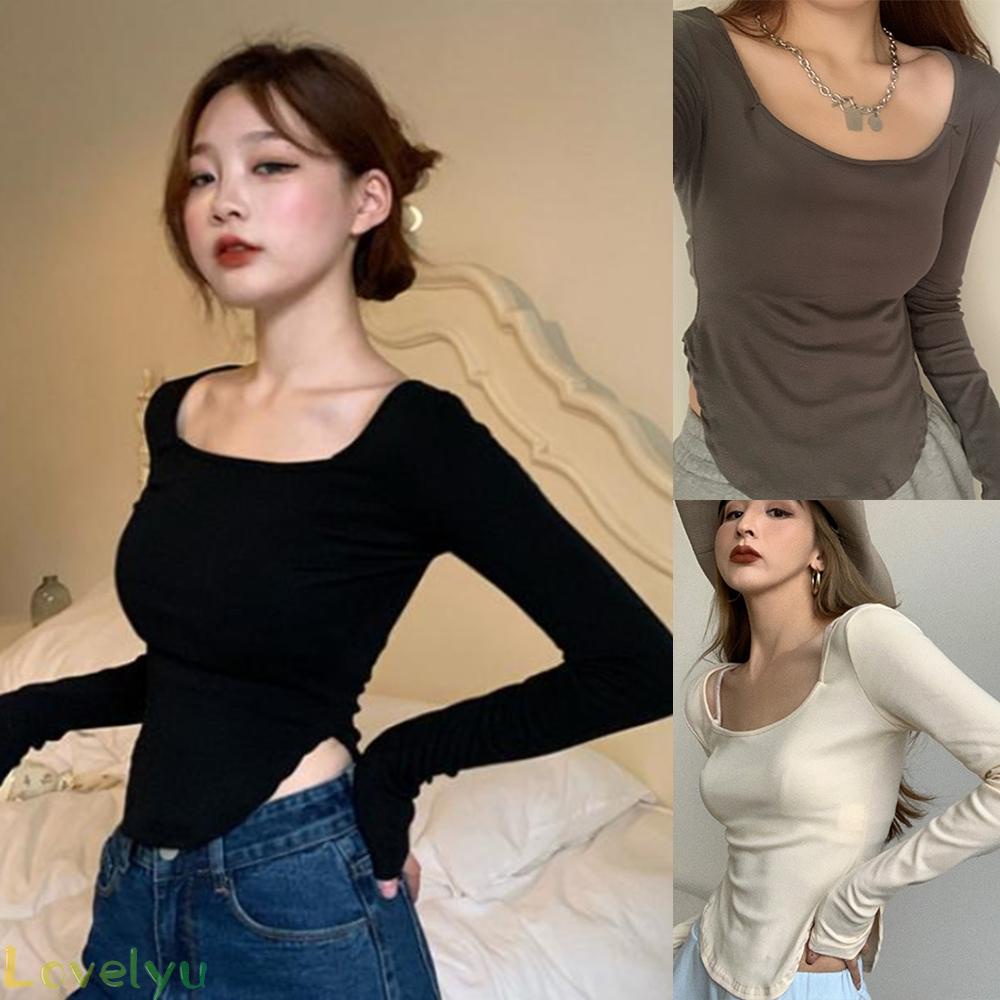 ◀READY▶Women Long Sleeve Tee Soft Comfort Irregular TShirt Retro Slim fit U Neck Top LsAajYZl# Good Quality