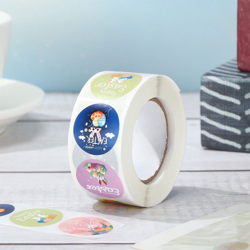 (Giao đơn từ 30k) 100 sticker tròn mừng Lễ Phục Sinh (Easter), có sẵn keo dán sẵn mặt sau dùng dán trứng, kẹo, bánh quy