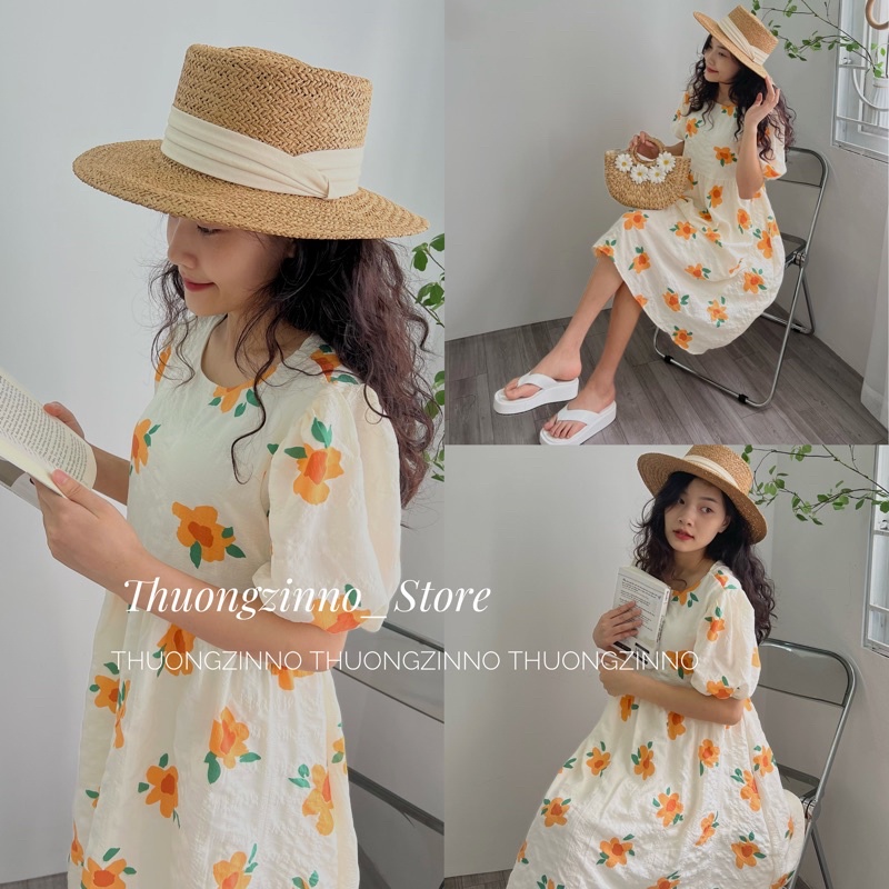 [Ảnh thật/Video]Váy hoa babydoll hoa vàng dáng dài hoa to Hàn Quốc Đầm hoa tươi tắn