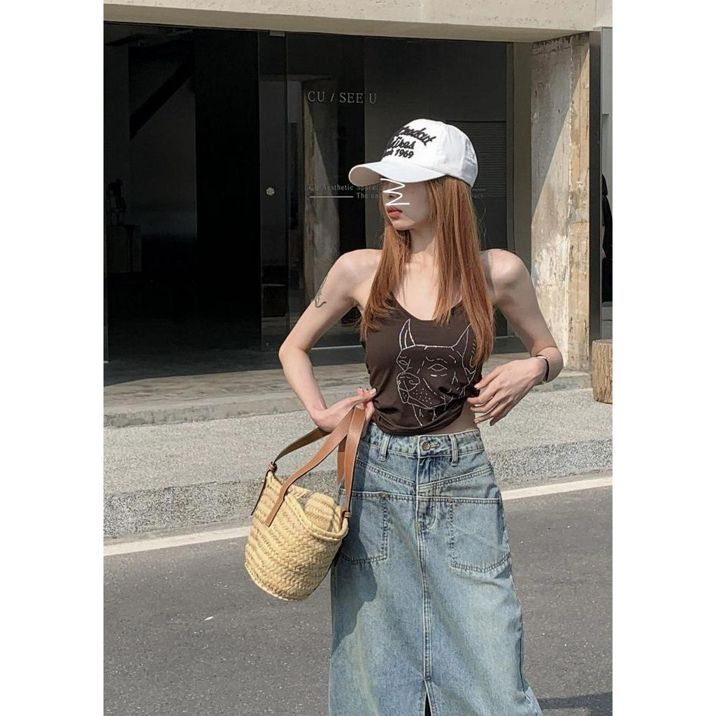 Chân váy jean Lưng Cao Xẻ Tà Thời Trang retro Cho Nữ