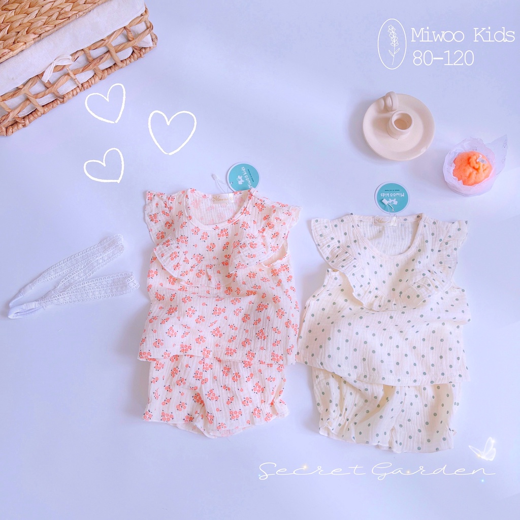 Bộ cộc tay cánh tiên bé gái chất liệu vải xô muslin cao cấp siêu mềm siêu hút ẩm nhanh khô vải thoáng mặc rất mát