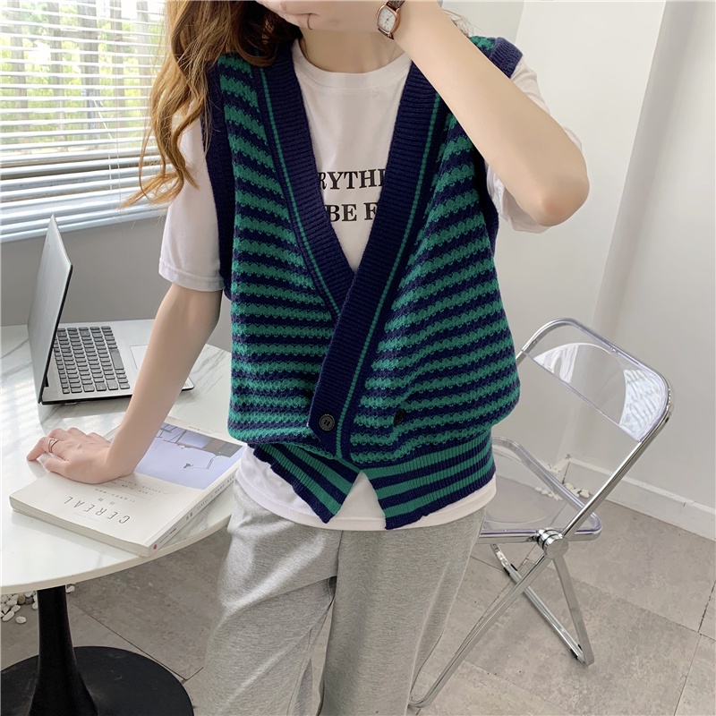 Áo sweater dệt kim SUXI không tay dáng rộng kẻ sọc phong cách retro Hàn Quốc dành cho nữ