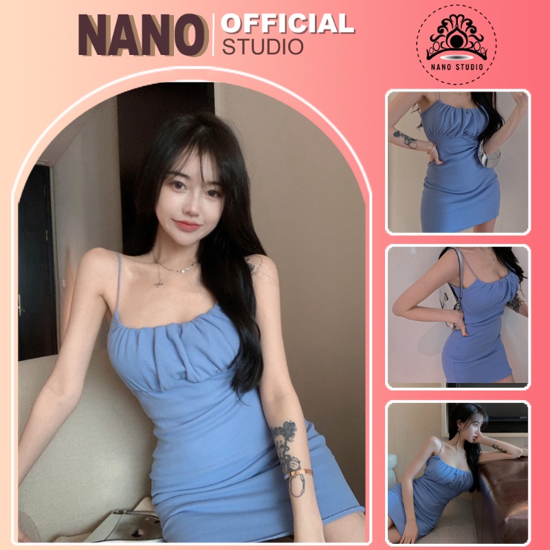 Váy Hai dây  🌼NaNo Studio🌼 Mùa hè năm 2021 Đầm Dây rút Túi mỏng body ôm ngực có dây 2 màu vải thun co giãn loại 1
