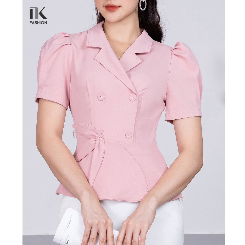Áo Sơ Mi Nữ NK Fashion Thiết Kế Giao Cúc Cổ Vest Kết Hợp Tay Bồng Chiết Eo, Chất Liệu Nhập Hàn Cao Cấp NKSM2205003