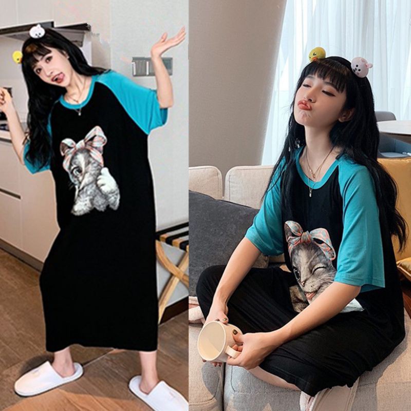 Đầm ngủ dáng rộng hoạ tiết chú mèo hoạt hình đáng yêu thời trang mùa hè cho nữ